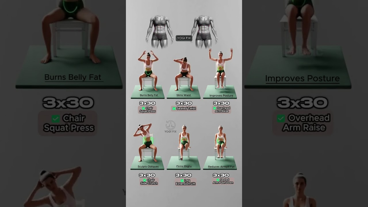 6 Chair Exercises to Burn Belly Fat & Tone Your Body #yoga #fitness #weightloss